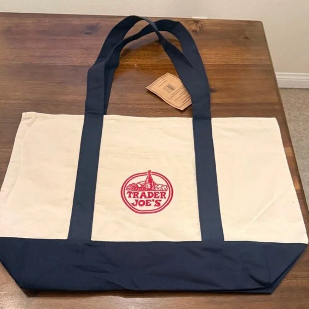 NWT! Trader Joes Tote Bag Blue Canvas Large 20” x 15” VIRAL! - Picture 4 of 8